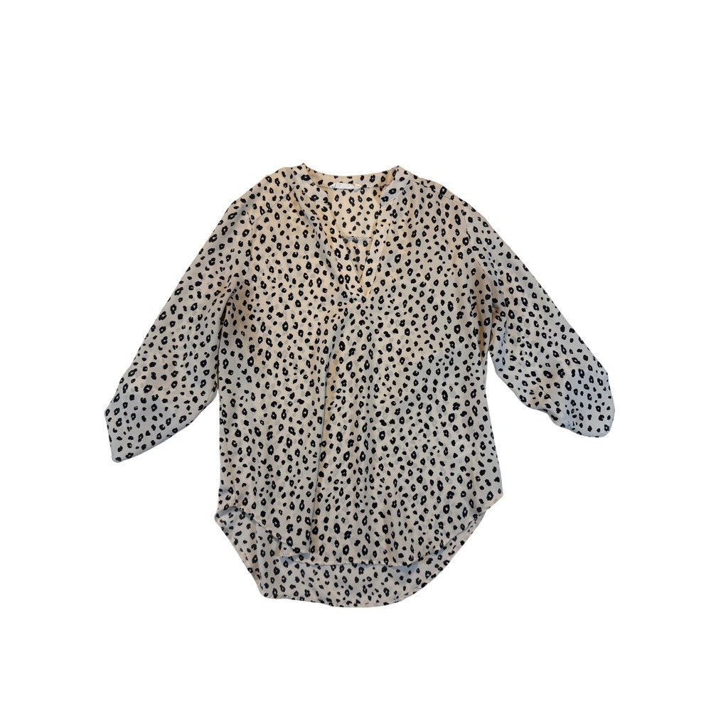 Lush Womens Leopard Print Roll Tab Sleeve V-Neck High Low Blouse Cream Black M